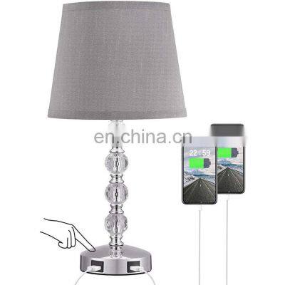 LED Touch control Crystal Table Lamp with 2 USB Charging Ports Desk Light White USB Bedside Table Lamp