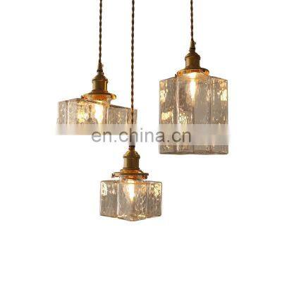 Retro Glass Pendant Lights Nordic Minimalist Bedside Light Creative Restaurant Balcony Brass Square Hanging Lamp