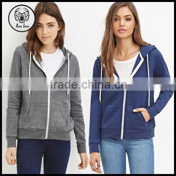 Fashion Plain Color High Quality Women Zip Up Hoodies with Drawstring
