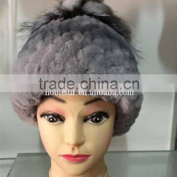 2015 hot sale rex rabbit with fox fur hat\pom pom headwear with ball on top