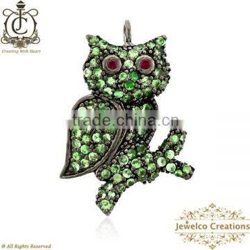 Natural Gemstone Pave Handmade Silver Owl Pendant , 925 Sterling Silver Pendant, Pave Gemstone Owl Pendant Necklace