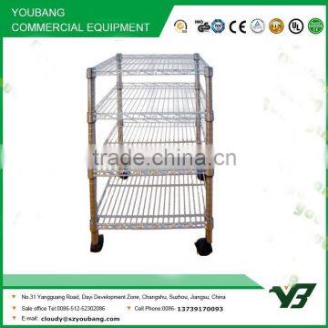 2015 hot sell NSF 50KGS light duty 4 layer corner chrome metal wire display rack with 4 wheels (YB-WS012)