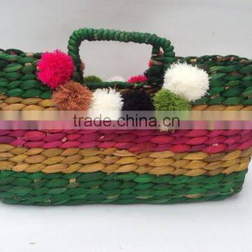 High Quality Best Selling Multi-color Water Hyancinth Lady Handbag With Pompoms From Vietnam