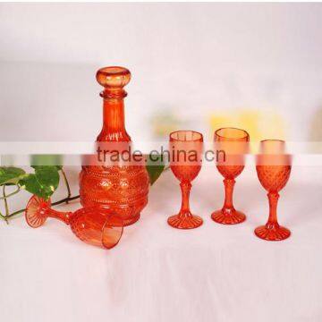 new design 5pcs beautiful embossment glass wine bottle and goblet