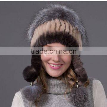 Korean Style Lady Fashion Sliver fox fur Knitted Rex Rabbit Fur Hats