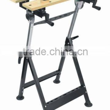 Adjustable wooden folding work bench for wood working