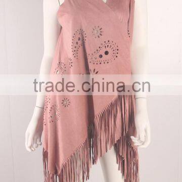 Women's Suede Poncho Cut Out Flowers With Bottom Fringes
