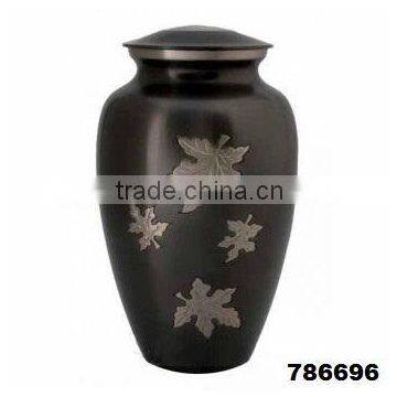 Leaf Adult Hand Engraved Grey Black Solid Brass Metal Cremation Funeral Urn