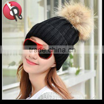 Winter Women Raccoon Fur Pom Pom Bobble Knit Braided Hat