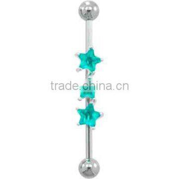 Industrial Barbell with 3 Blue Zircon Crystal Star Center body piercing jewelry