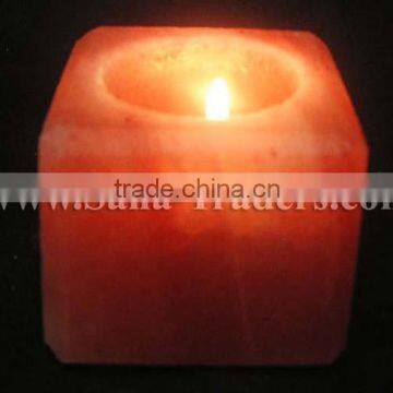 Natural Himalayan Crystal Rock Salt Designed Block Shape Tea Light/ Candle Holder