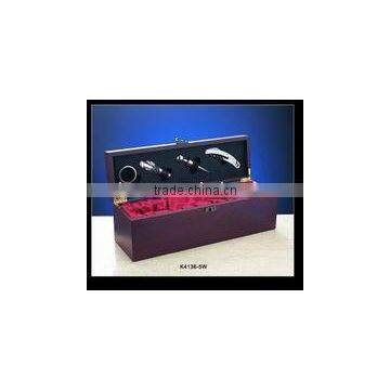 K4136-5W Single bottle wooden box with wine accessory.