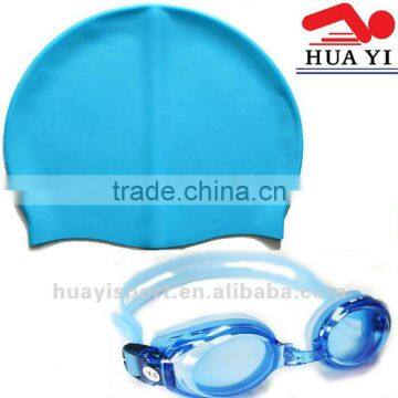 Silicone custom blue swimming goggles and caps set