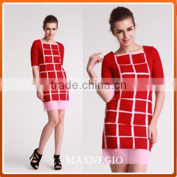 New casual spricing plaid red color three quarter sleeve dress