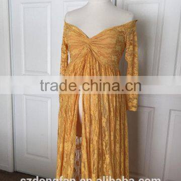 Gold Split Lace Off Shoulder Long Sleeves Maternity Gown Dress Pregnant Woman Mustard Lace Maxi Dress photo-5