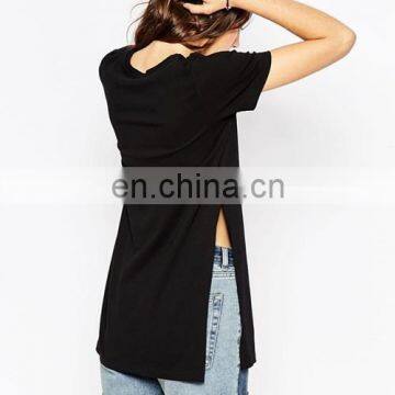 Split Side New Desgin Short Sleeves Long Shirt Cotton Womens T Shirt photo-3