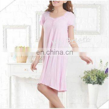 Lace Trim Square Neck Short Sleeves Bamboo Sleep Gown Solid Colors photo-5