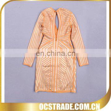 2014 spring long sleeves stripes bandage peach cocktail dress