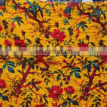 Indian Queen Size Kantha Work Quilts Throw Ethnic Bohemian Yellow Decor Ralli Bedding Blanket