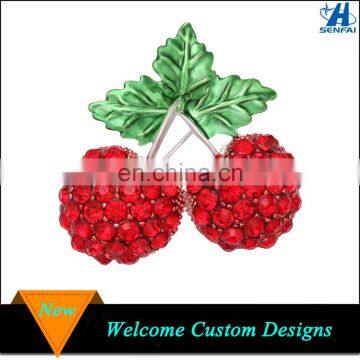 Cute Fruit Brooch Silver Tone Green Enamel Red Rhinestone Cherry Brooch