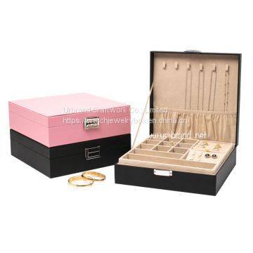 Square large capacity fresh and simple PU flannel jewelry box double-layer portable high-end princess jewelry storage box