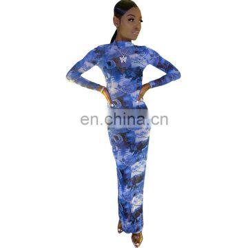 LAITE D2178 Hot Sales Women See-through Printed Casual Dresses Ladies Fashion Split Dresses photo-2