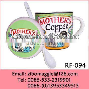 Promotional Oversized Zibo Made Hot Sale Ceramic Coffee Mug with Lid and Spoon