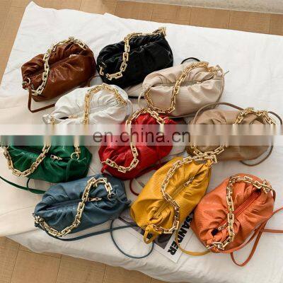 Women Pleated Cloud Handbags, Gold Chain Shoulder Bag Luxury Pure Color Ruched Hobos Lady Dumpling Wrinkled Crossbody Bags/