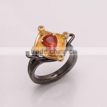 925 SOLID STERLING FINE SILVER GARNET RING BLACK & GOLD RHODIUM