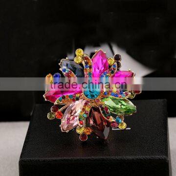 Multi crystal gold ring with big flower woman finger ring