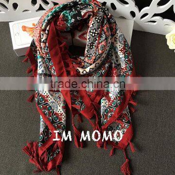 Fashion Retro Printed Pattern With Tassels Women Square Pashmina Encryption Twill Cotton Scarf Quality Choice photo-3
