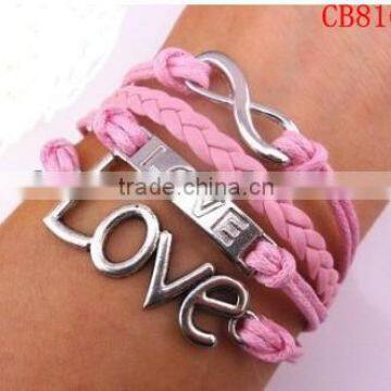 CB8160 Roamntic love sliver braided leather bracelet pink design for girl's accessory bracelet leather