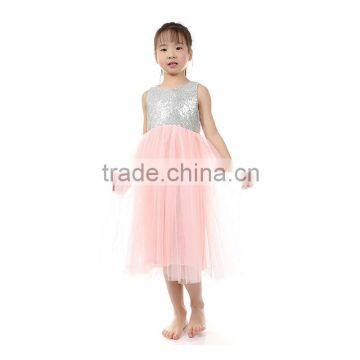 2016 New summer Net Yarn dress girl sequin pink dress kids big bow princess party dress for girls