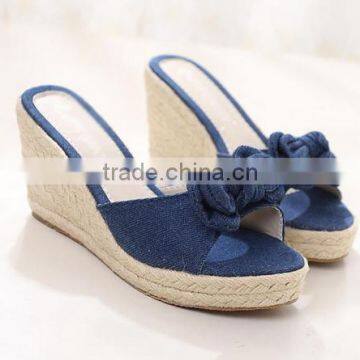 Latest design jeans slippers hemp rope wedge heel bedroom slippers