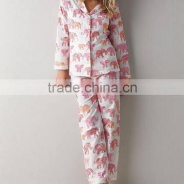 Wholesale Cheap Factory Fresh Knitted 100% Organic Cotton Voile Women Pink Elephants Printed Pajamas Set