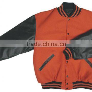 Professional Custom Baseball Varsity Jacket , Orange Leather Sleeves and Grey Wool body Varsity Jacket