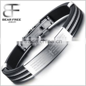 Stainless Steel Silicone Rubber Bible Lord's Prayer Cross Bracelet Adjustable Bangle