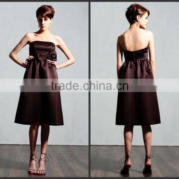 2015 Cheap Bow Trimmed Strapless Knee Length Chocolate Bridesmaid Dress HA-139