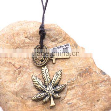 Vintage Genuine Leather Necklace with Antique Brass Maple Leaf Pendant.