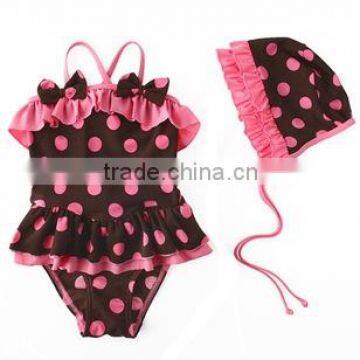 JPSKIRT201508037 High quality rose red dot on black kids hang neck swimwear with hats 2 pcs swimsuit