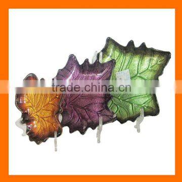 Hand blow leaf shaped glass plate whole sale,amber,purple,green