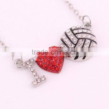 Silver Crystal Red Heart I Love You Volleyball Ball Pendant Necklace Jewelry for Girlfriend