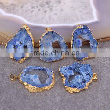 Druzy Quartz Stone Geode Pendant, Drusy Crystal Gem stone Pendant, Light Blue Gold plated Edged Druzy Pendant