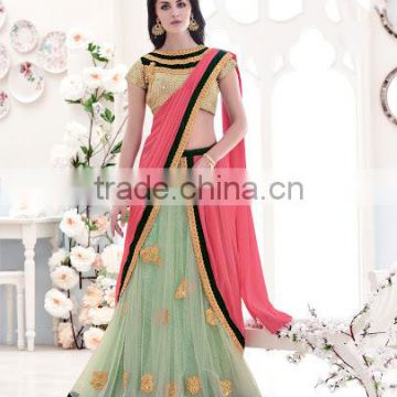 Pink and Sea Green Embroidered Work Net Lehenga Saree