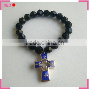 Black bead bracelet with cross pendant, wholesale beaded bracelet