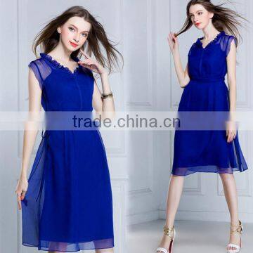 new fashion women sleeveless blue color silk elegant summer midi cocktail dress