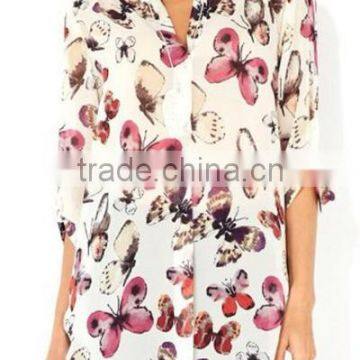 2014 fashion printed chiffon V collar ladies chiffon shirts blouse tops