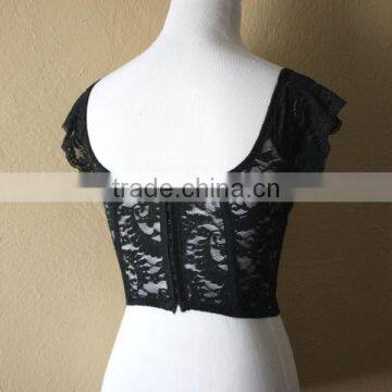 Hot Sexy Girl With Cap Sleeve Custom Black Lace Crop Top photo-2