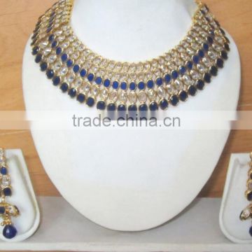 Polki Crystal Sapphire blue necklace jhumka EARRING Bridal Set