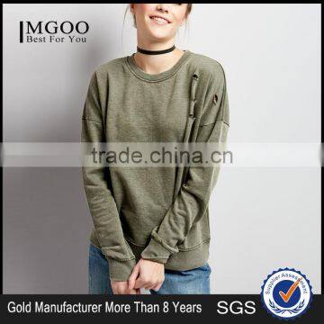 Plain Women Distressed Sweatshirt Olive Green Ripped Long Sleeve Sweater Oversized Blank Pullover